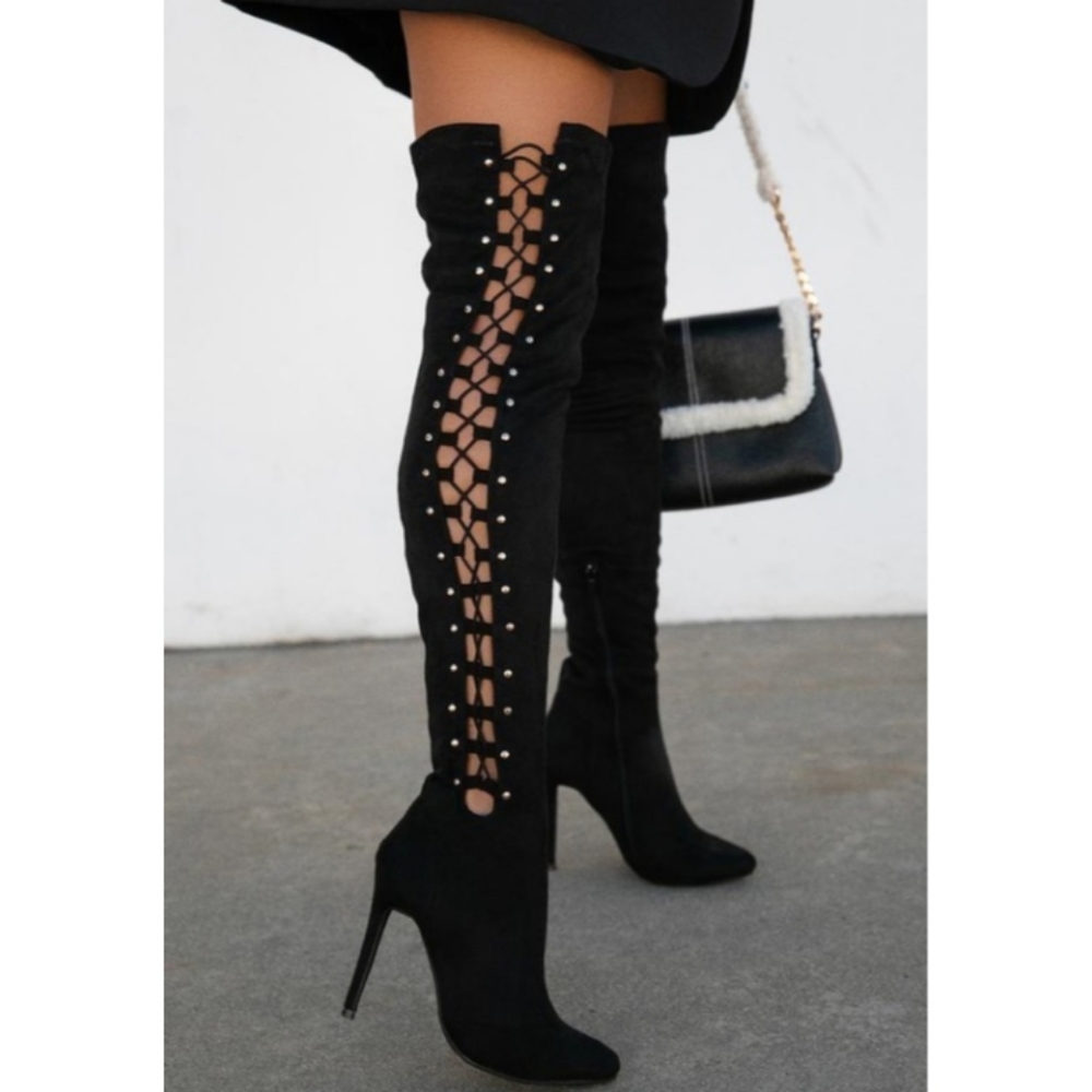 Thigh High Stiletto Lace Up Boots